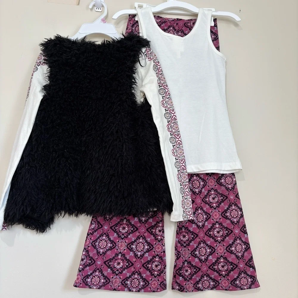 Belle Du Jour Faux Fur Vest / long sleeve Tee / tank / flare legging 4 Pcs sets